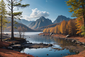 autumn landscape with lake and mountains