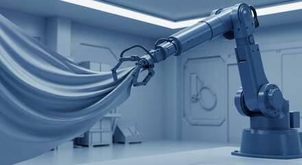 Fototapeta premium Robotic Arm Handling Fabric in Cleanroom - A robotic arm gently manipulates a piece of flowing fabric within a sterile, modern cleanroom environment