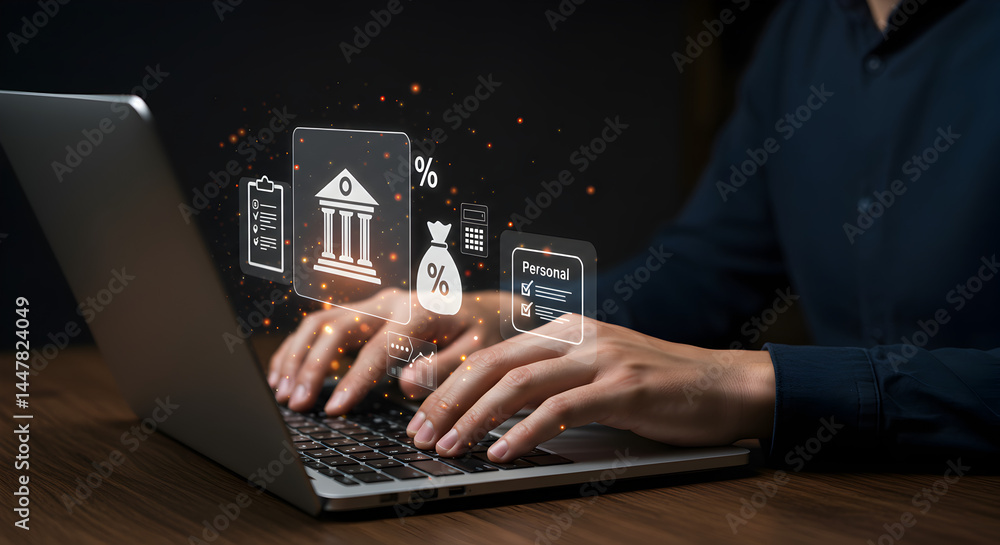 Poster hands on laptop with finance icons in dark setting displaying online banking and financial technolog