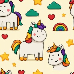 Obraz premium Pride minimalist pattern concept. Colorful unicorns and whimsical elements create a playful, fun pattern on a light background.
