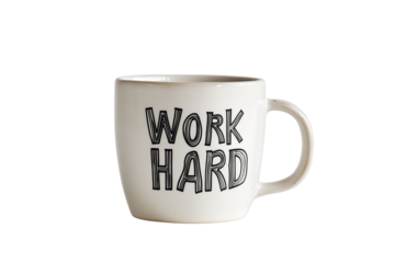 Motivational White Coffee Mug with "Work Hard" Message on Transparent Background