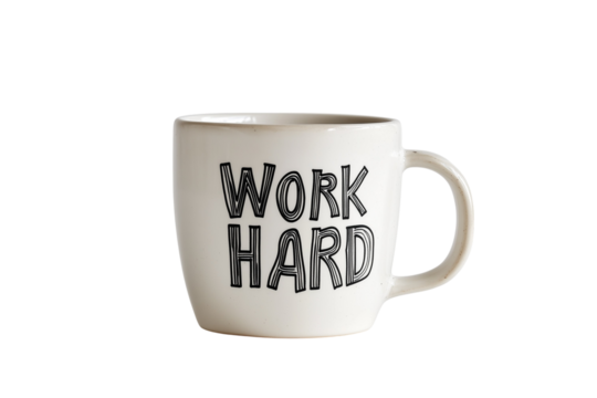 Motivational White Coffee Mug with "Work Hard" Message on Transparent Background
