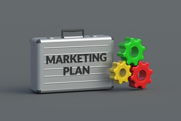 Marketing plan words on suitcase near gearwheels. Business concept. 3d render