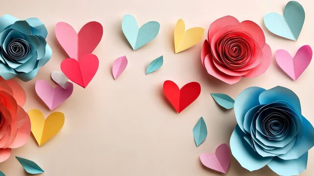 Colorful paper flowers and hearts in creative stopmotion animation