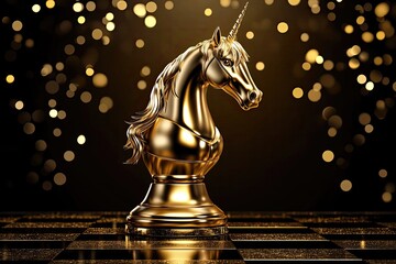 Golden unicorn chess piece on dark checkered board, illuminated by glittering bokeh