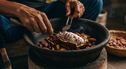 Hand opening cocoa pod to reveal beans traditional processing close up image