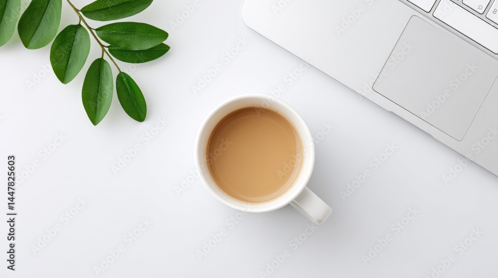Poster remote work setup with minimalist desk laptop and coffee cup emphasizing clean and uncluttered works