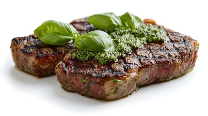 Two delicious grilled ribeye steaks topped with fresh basil and vibrant green pesto sauce on a white background.