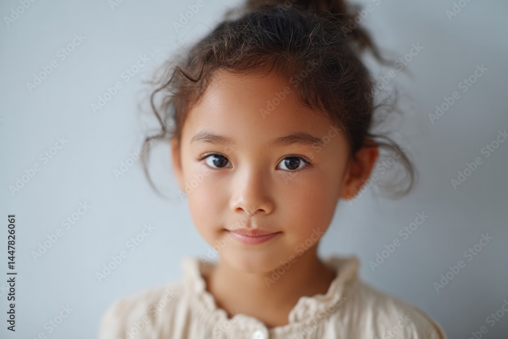 Poster young child with compassionate expression in blurred minimalistic setting