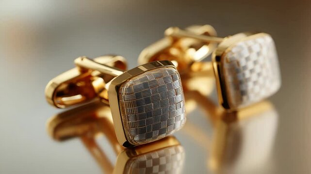 Pair of golden square cuff links with woven texture pattern against neutral background and soft golden highlights