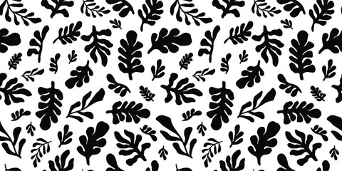 Seamless botanical pattern with abstract black leaves and foliage silhouettes on a white background. Modern nature inspired design for textiles, wallpaper, packaging, and creative projects. Vector art
