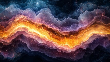 Obraz premium Vibrant cosmic nebula with swirling colors and glowing orange highlights, evoking a sense of wonder and exploration in a stunning celestial landscape.