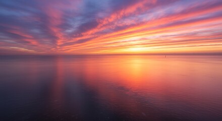 Serene Sunset Over Calm Waters - A breathtaking sunset paints the sky with vibrant hues of orange, pink, and purple, reflecting beautifully on the tranquil ocean surface