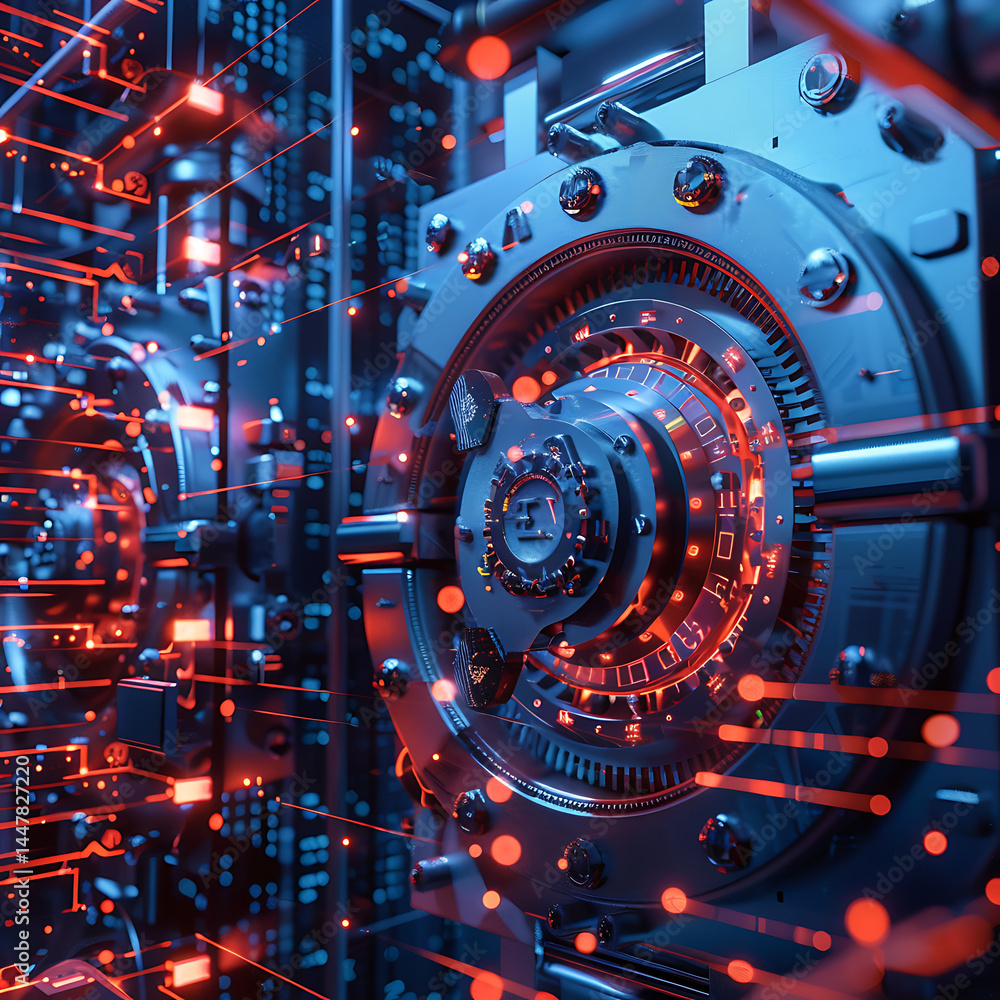 Poster close-up of a complex, futuristic bank vault door mechanism with intricate gears and glowing red/ora