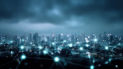 Fototapeta premium Futuristic cityscape with glowing nodes, a digital network connecting the urban future 