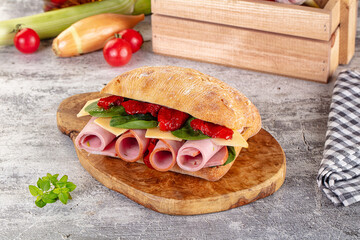 Ciabatta with mortadella, tomato, cheese and spinach