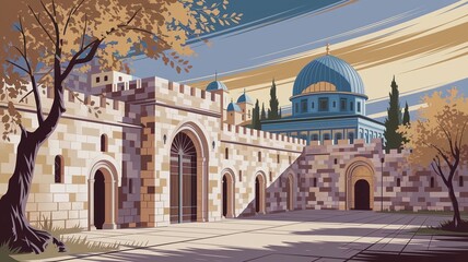 Obraz premium Painting of a city with a large dome on top of a building