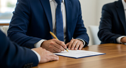 Men in Blue Suits Signing Legal Documents at Wooden Table in Bright Office Setting with Agreement
