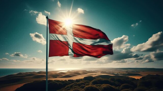Danish flag waving in the wind against a stunning coastline landscape during sunset in Denmark. Danish flag - the national symbol of Denmark