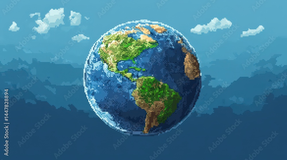 Poster earth icon with tiny blocky continents and oceans in a retro video game style.