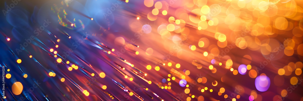 Poster abstract background of glowing fiber optic light strands creating colorful bokeh effects in orange, 