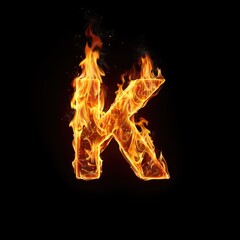 The letter K is formed from fire, with flames licking out against a deep, black backdrop.