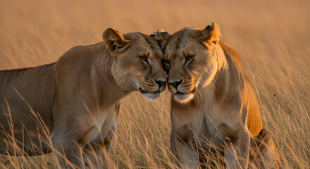 Obraz premium Golden Hour Lionesses: A Tender Moment in the African Savanna