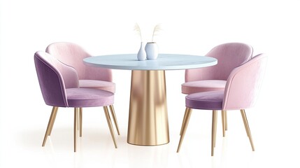 Pastel pink velvet chairs & light blue round table.