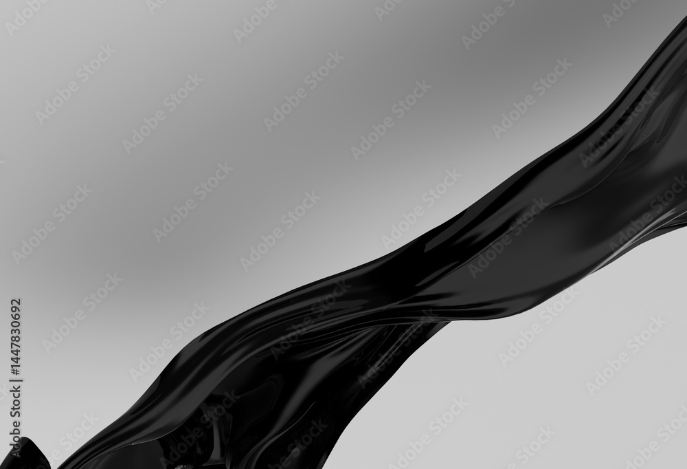 Poster smooth, shiny black wave flows across a light gray background in this abstract 3d illustration, high