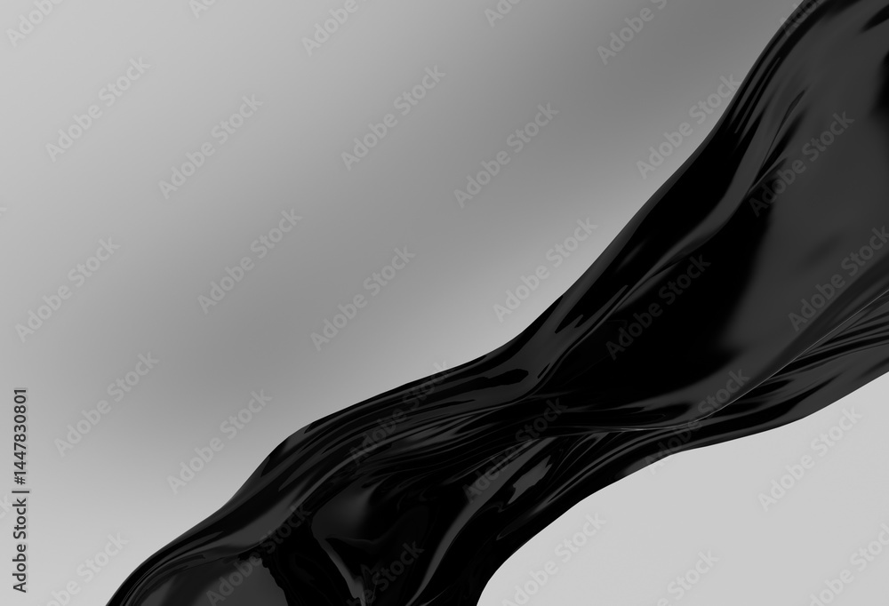 Poster smooth, shiny black wave flows across a light gray background in this abstract 3d illustration, high