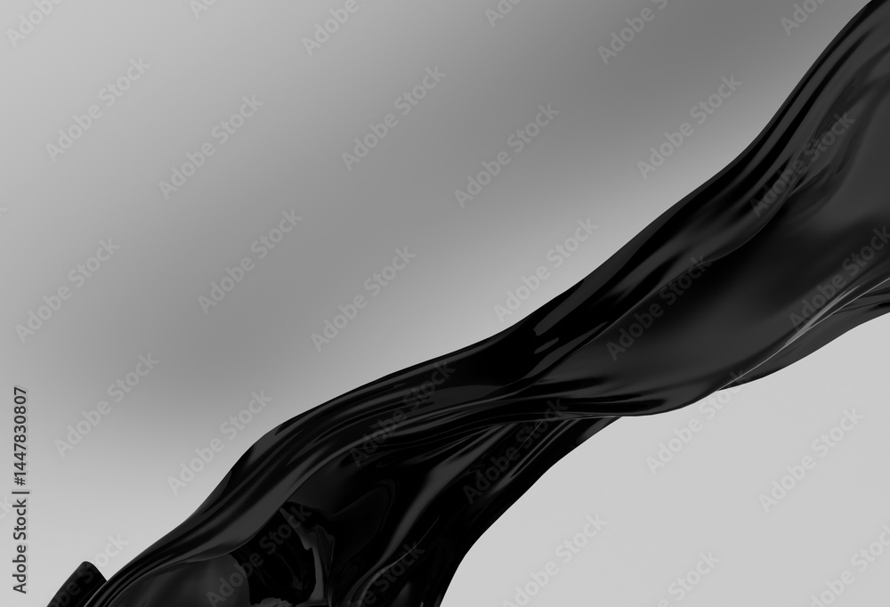 Aufkleber glossy, black, fluid 3d wave flows smoothly against a light gray background, creating a modern, abst
