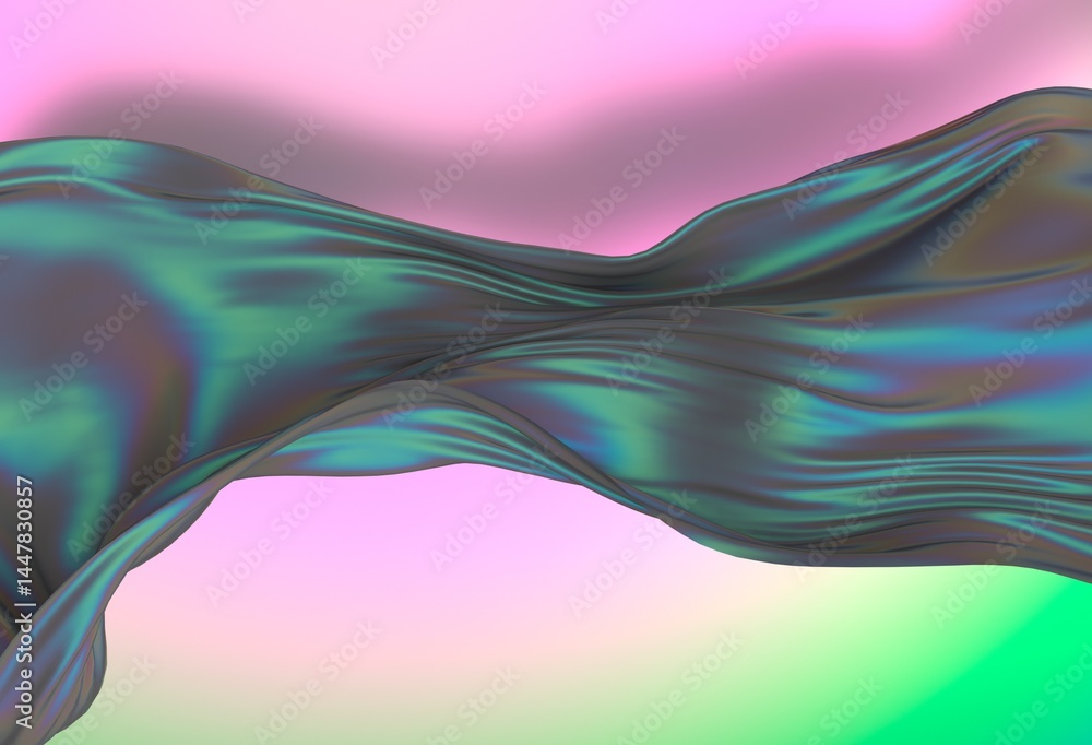 Poster 3d illustration features a flowing, translucent iridescent shape against a soft pastel background of