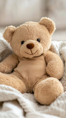 Obraz premium Vintage teddy bear close-up on a cozy blanket 
