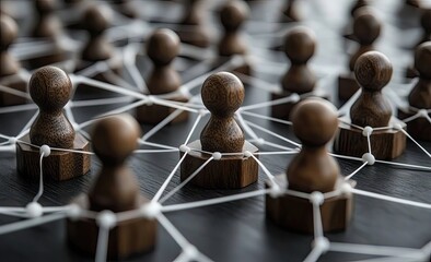 Obraz premium Wooden figurines interconnected by a network of thin threads.
