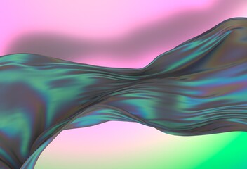 Fluid, iridescent 3D wave curves across a pastel background with soft pink, lavender, and green hues, creating a dreamy, abstract, and modern visual effect.