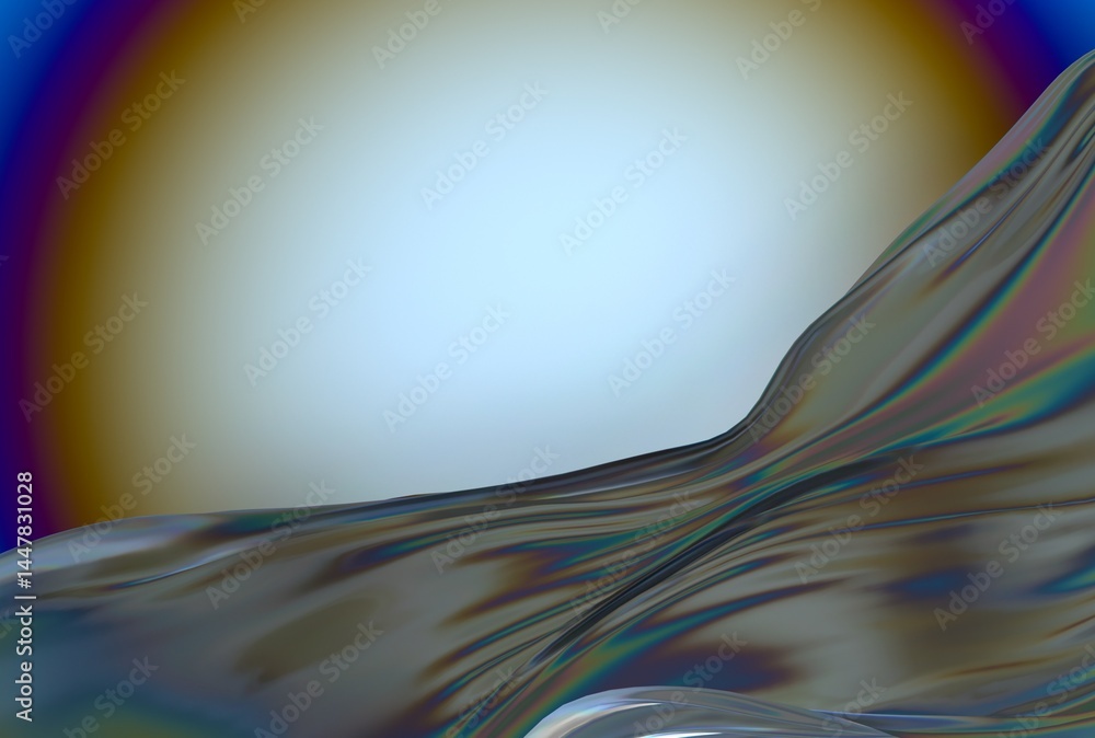 Poster Abstract 3D illustration of a smooth, flowing, translucent wave with iridescent highlights against a gradient blue and gold circular background, creating a sense of motion and fluidity.