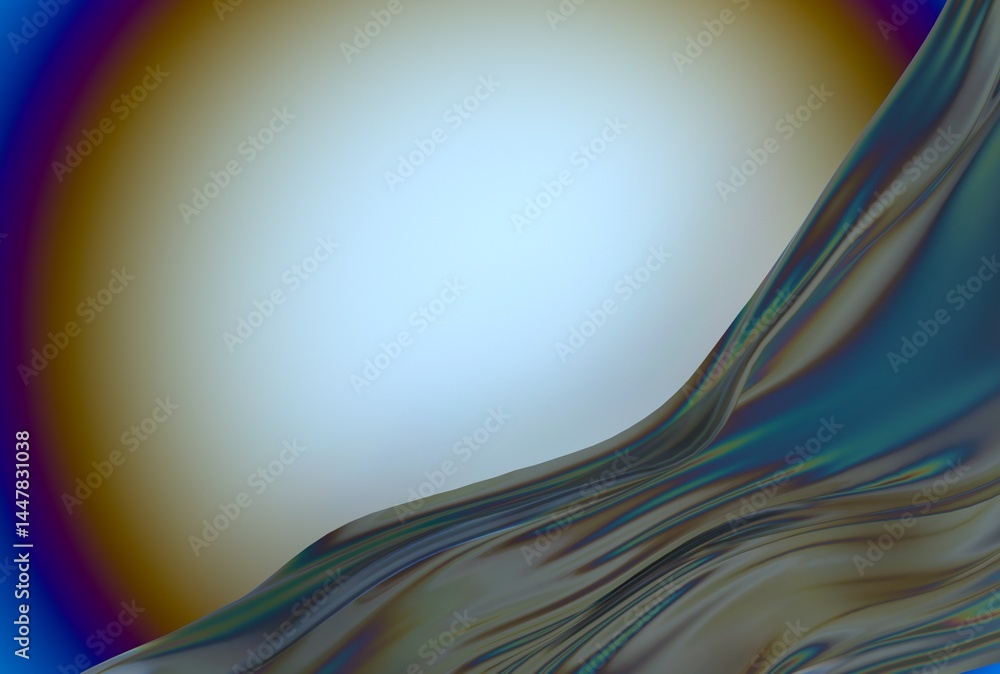 Poster Abstract 3D illustration of a smooth, flowing, translucent wave with iridescent highlights against a gradient blue and gold circular background, creating a sense of motion and fluidity.