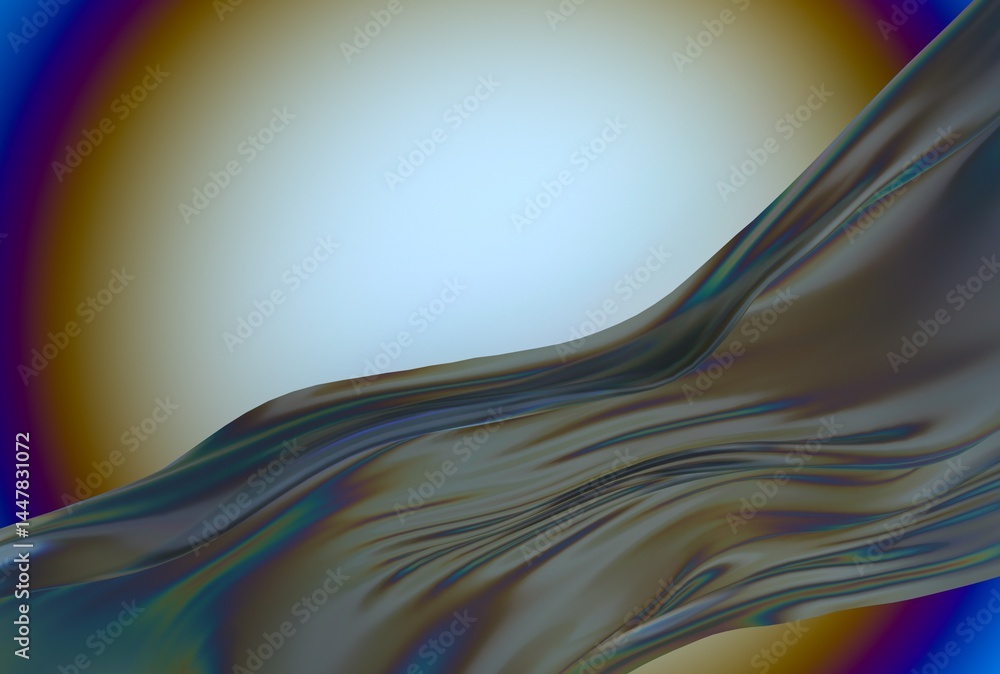 Poster Abstract 3D illustration of a smooth, flowing, translucent wave with iridescent highlights against a gradient blue and gold circular background, creating a sense of motion and fluidity.