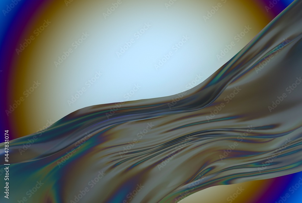 Aufkleber Abstract 3D illustration of a smooth, flowing, translucent wave with iridescent highlights against a gradient blue and gold circular background, creating a sense of motion and fluidity.
