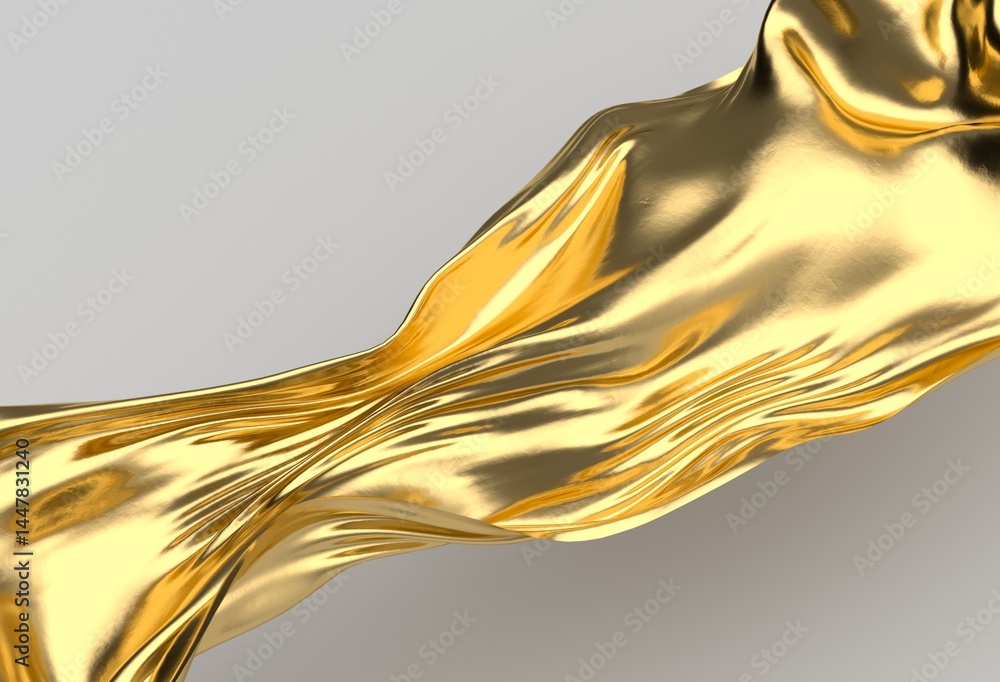 Poster gold, metallic 3d wave flows smoothly across a light gray background, creating a luxurious, abstract