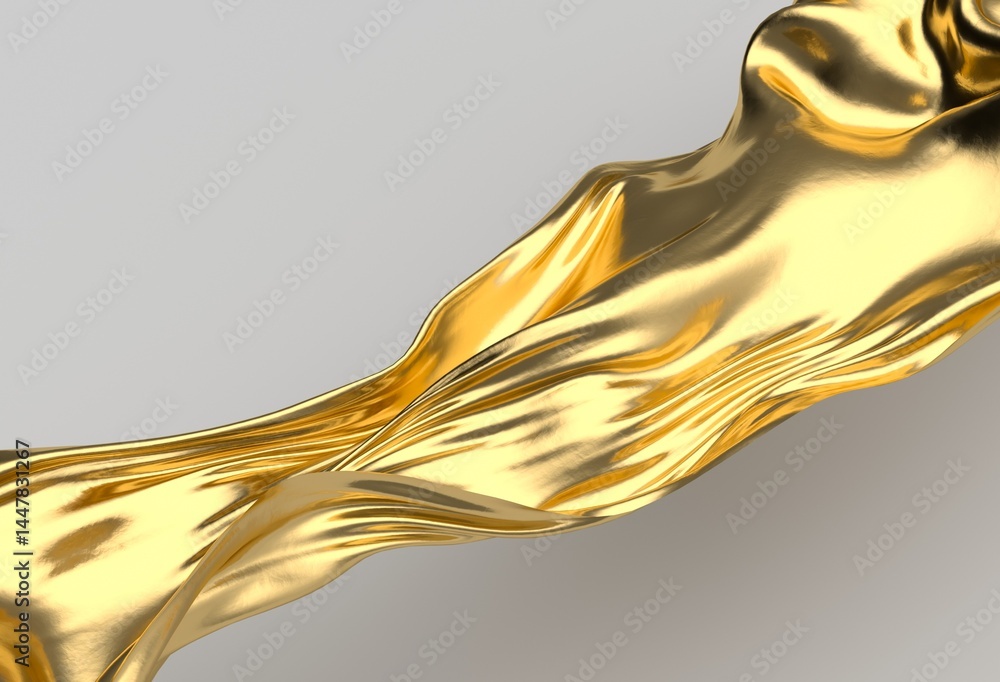 Poster gold, metallic 3d wave flows smoothly across a light gray background, creating a luxurious, abstract