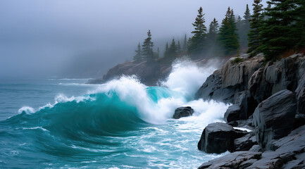 Beautiful landscape with waves crashing on the rocks in the Pacific Ocean