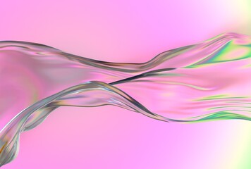 Translucent, iridescent wave with pink and green hues flows smoothly over a pastel pink background, creating a dreamy, abstract, and modern 3D visual.
