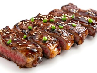 Delicious grilled steak slices drizzled with teriyaki glaze, sesame seeds, and chopped green onions are perfectly presented.