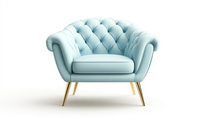 Light blue tufted armchair on gold legs.