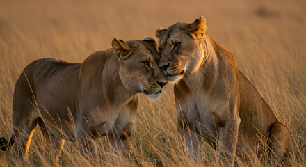 Obraz premium Golden Hour Lionesses: Affectionate Embrace in African Savanna