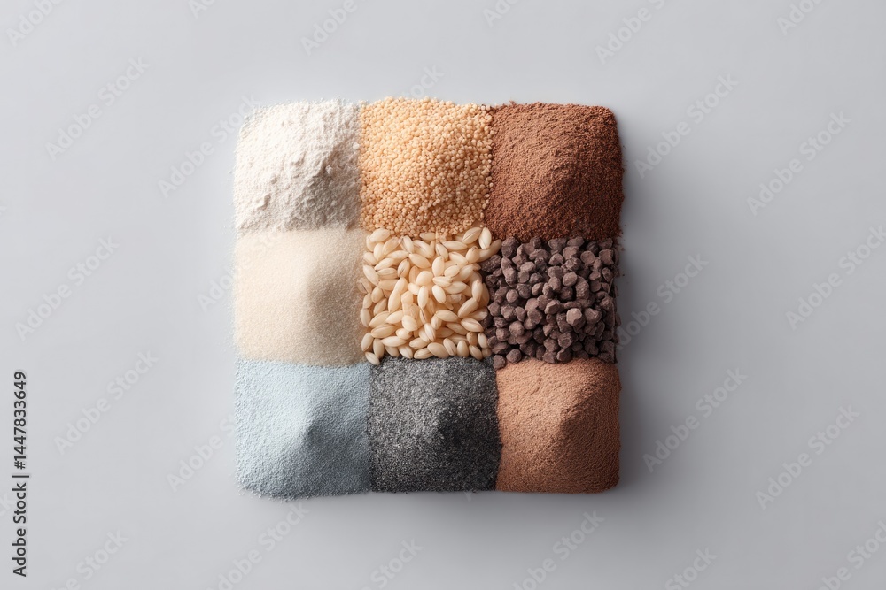 Poster arrange assorted grains and cereals in neat pattern on flat white surface