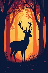Vector silhouette of a deer in forest with branches and leaves, silhouetted, animal silhouette, deer wildlife forest branch leaves nature outdoor animals vector illustration
