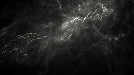 Obraz premium Abstract background featuring ethereal wisps and tendrils of white smoke or vapor flowing gracefully against a solid black backdrop. Monochrome texture. 