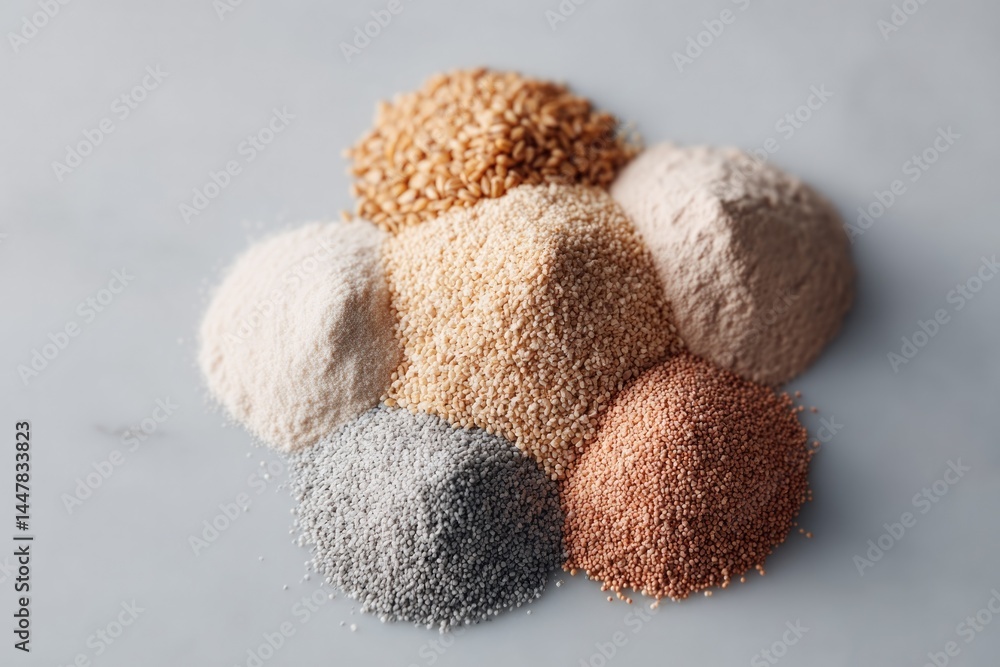 Poster arrange assorted grains and cereals in neat pattern on flat white surface
